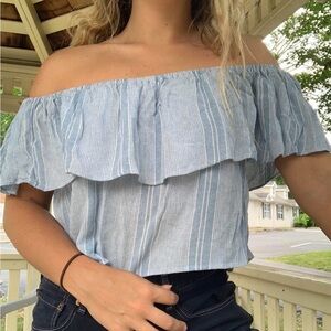 Off Shoulder Light Blue Striped Top